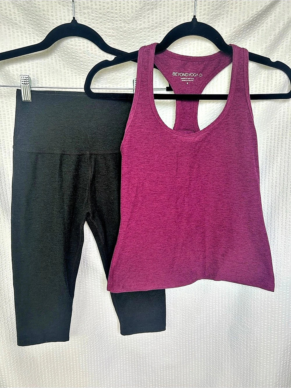 Beyond Yoga Set of Crop Leggings Black & Racerback Tank Top Berry Size Small